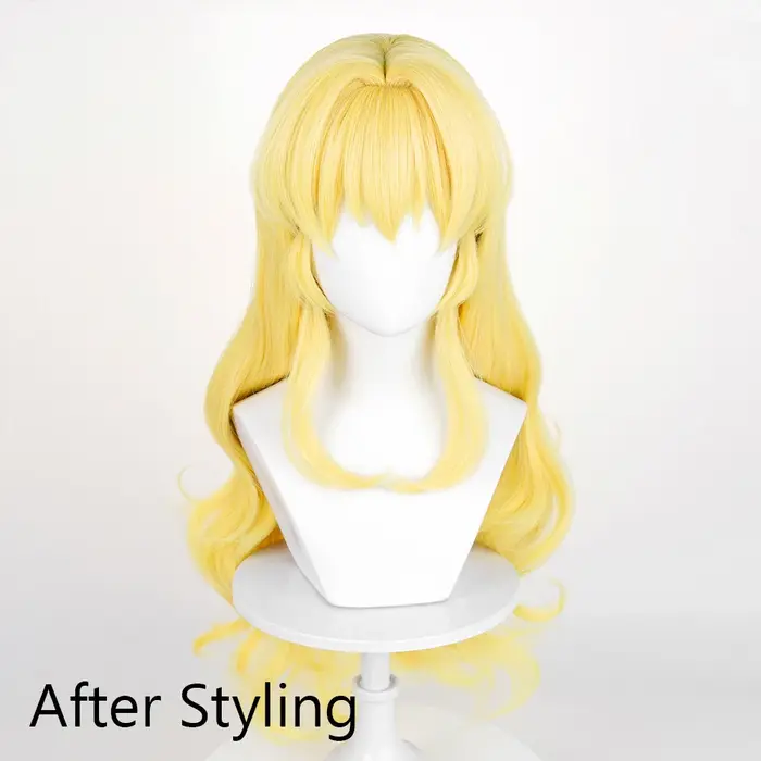 Perruques synthétiques de Cosplay de jeu d'anime jaune avec frange