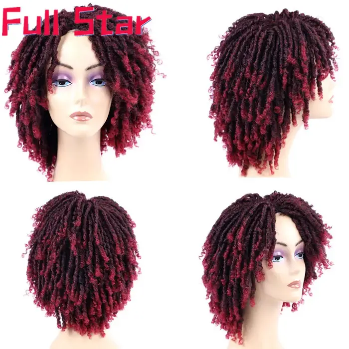 Full Star 14 "perruque bouclée Dreadlock pour femme noire Ombre bordeaux couleur marron court bouclé Soul Locs tresses perruques fête usage quotidien