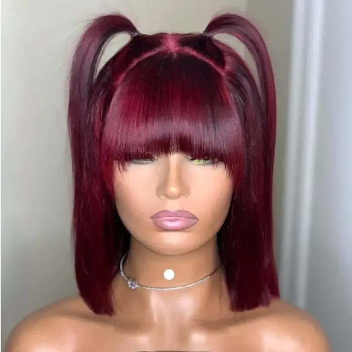 Perruque Bob droite 99J avec frange, cheveux humains entièrement fabriqués à la Machine, coupe émous