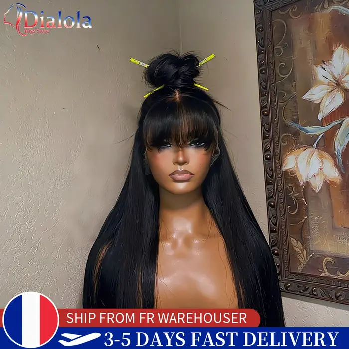 Perruques Dialola en cheveux humains avec frange, raie centrale 3x1, perruques lisses abordables pou