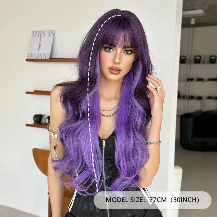 NAMM Halloween Costume perruque synthétique corps lâche ondulé violet perruques avec frange soignée noir dégradé haute