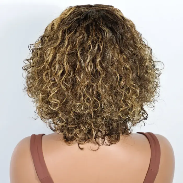 Lekker sans colle Blonde mettre en évidence court bouclés Bob partie centrale dentelle 100% perruques de cheveux