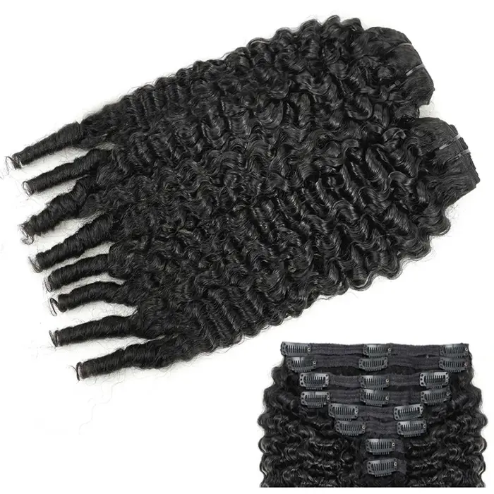 Extensions de cheveux bouclés birmanes à clipser, 100 % cheveux humains, couleur noir naturel, cheve