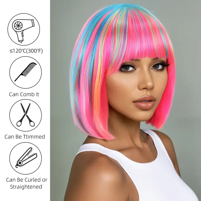 Perruque synthétique couleur arc-en-ciel pour réunions quotidiennes