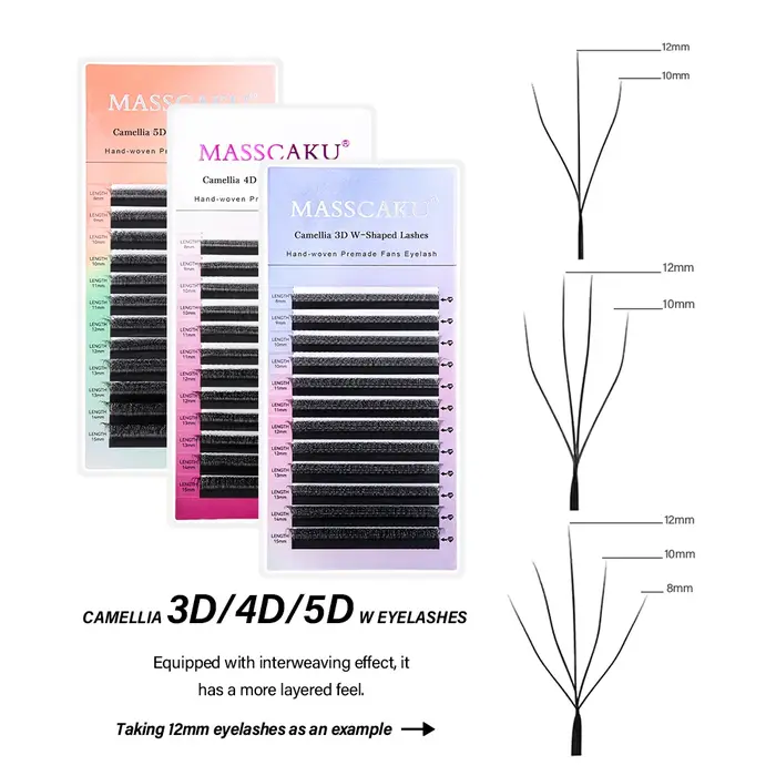 MASSCAKU C D Curl camélia W cils en forme de longueur mixte tissage à la main ventilateurs de Volume russe Extension