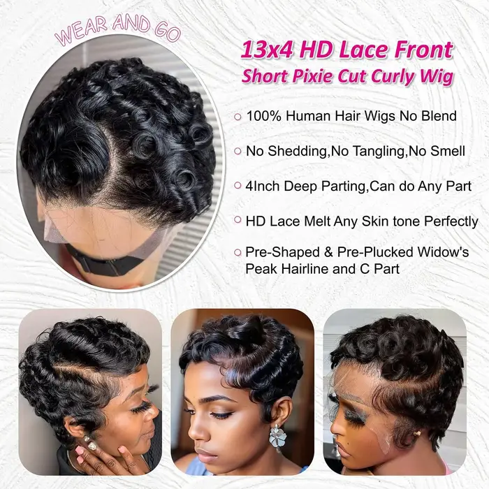 Perruque brésilienne Remy Deep Wave Pixie Cut 13x4 Lace Front