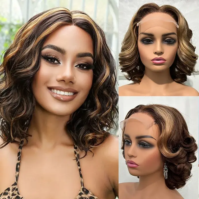 Perruques Courtes Bouclées Ondulées 100% Cheveux Humains Vierges, Effet Bob Volumineux, Pré-Pluckées