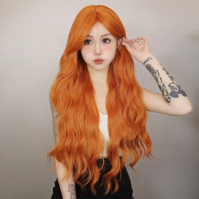 Perruque Synthétique Longue Ondulée Orange pour Femme, Cheveux Naturels Ondulés avec Longue Frange,