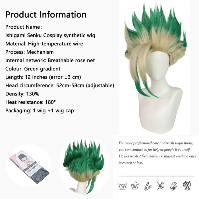 Anime Ishigami Senku ‌ ‌ Cosplay cheveux synthétiques Dr.Stone vert dégradé adapté aux fêtes quotidiennes jeu de rôle