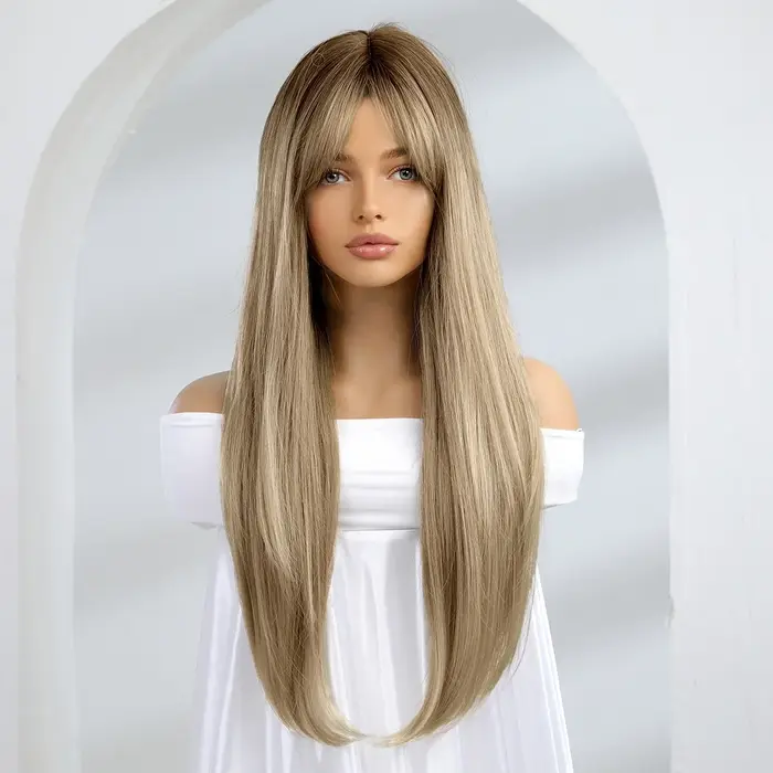 Perruque longue blonde et brune ombrée avec frange