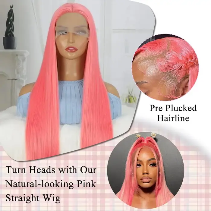 Perruque Lace Front Wig naturelle lisse rose 13x6 Hd, cheveux humains, 30 pouces, pre-plucked, densi