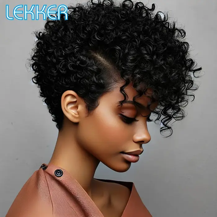 Perruques courtes bouclées Lekker Clearance, coupe pixie, avec raie latérale, en dentelle frontale, 