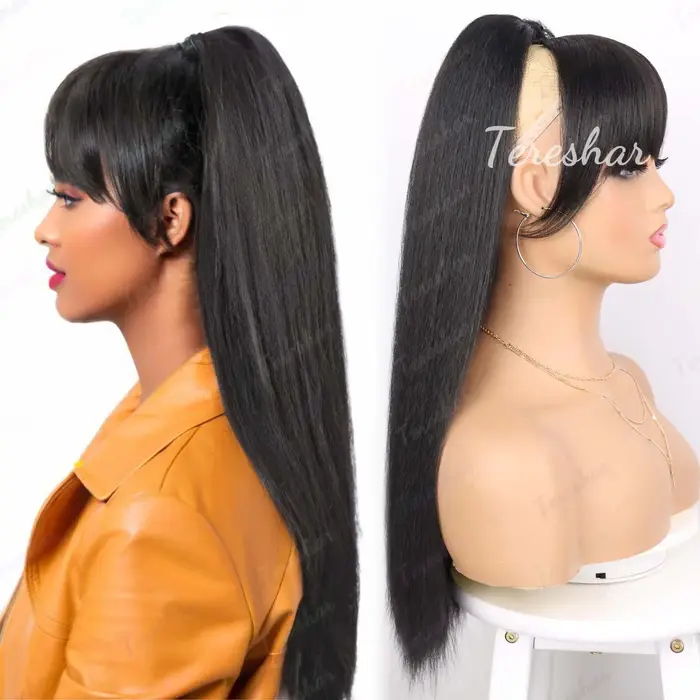 Extension de queue de cheval synthétique avec frange pour femmes noires Yaki cordon droit