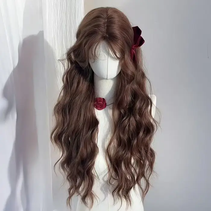 Perruque femme automne châtain marron laine rouleau paresseux tempérament longs cheveux bouclés simulation couverture complète de la tête