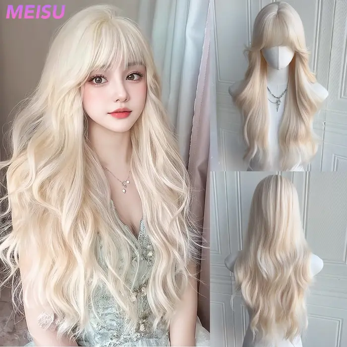 MEISU 26 pouces synthétique vague bouclée à l'eau perruques Air frange cheveux PLATINUM résistant à 