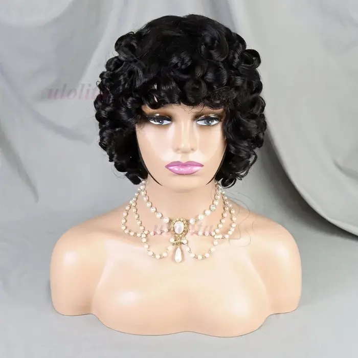Fumi bouclés perruques de cheveux humains frange perruque coupe lutin Rose