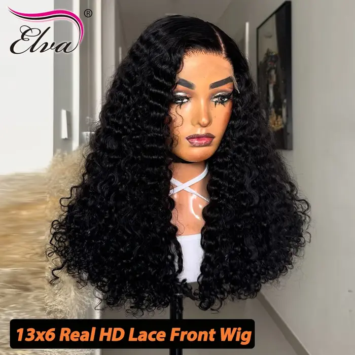 Perruque sans colle Elva Hair, cheveux humains bouclés birmans, densité 250%, dentelle transparente