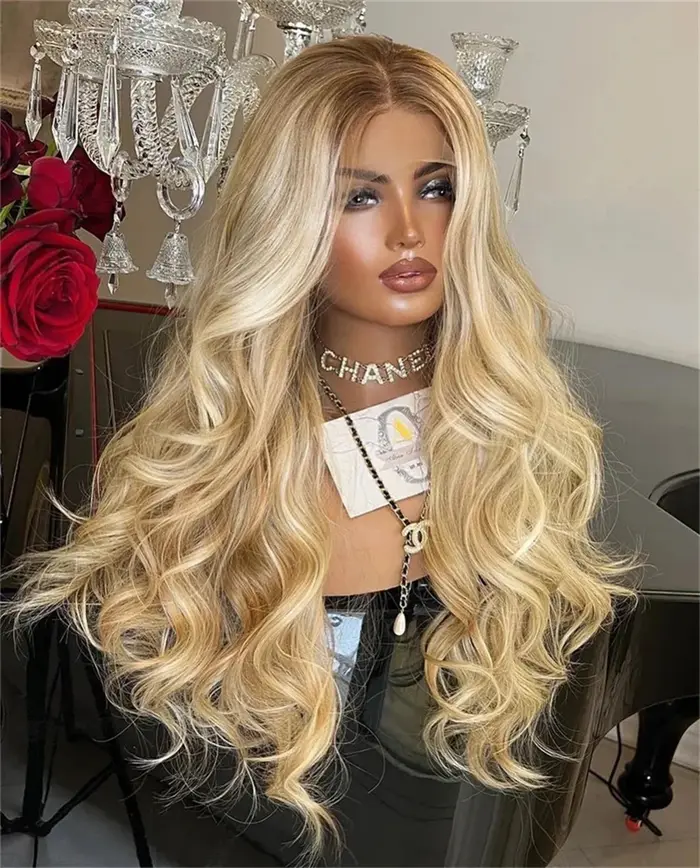 Perruque synthétique HD Lace Front 13x4, longue, ondulée profonde, avec balayage blond doré ombré, q