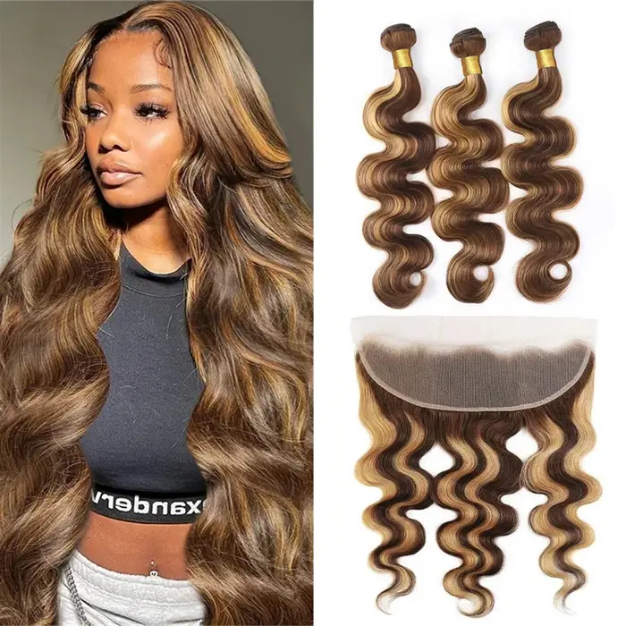 Faisceaux à reflets avec fermeture frontale brésilienne vague de corps Ombre Blonde cheveux humains Tissage Bundle