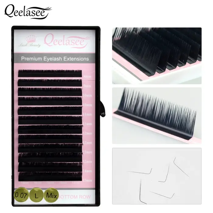 Qeelasee Extensions de cils L L + LC LD Curl vison noir mat naturel doux PBT cils individuels maquil