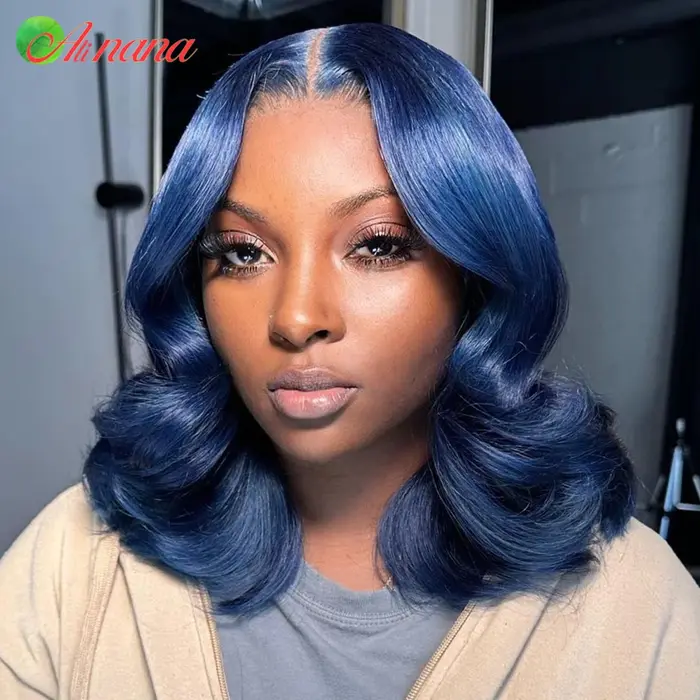 Bleu avec racine couleur courte Bob perruque 13x4 dentelle frontale perruques 200% densité ondulée c