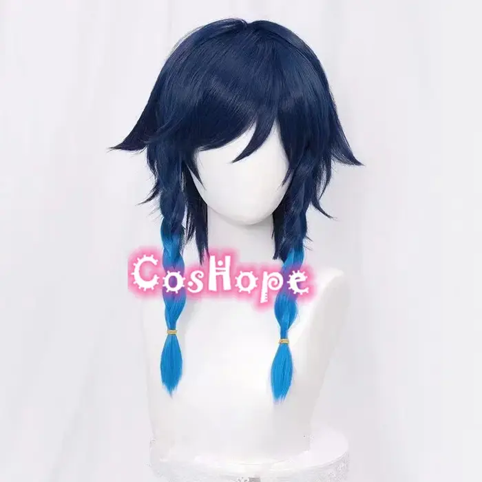 Perruque de cosplay Venti unisexe, courte de 50 cm, pré-tressée, bleue mélangée, perruque synthétiqu