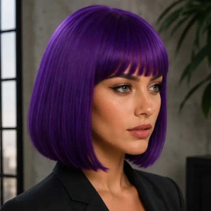 Perruque synthétique violette foncée de 12 pouces avec frange, idéale pour un usage quotidien, les b