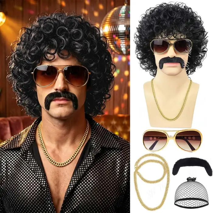 Synthétique Marron | Perruque afro bouclée noire + lunettes + collier + moustache, perruque disco de