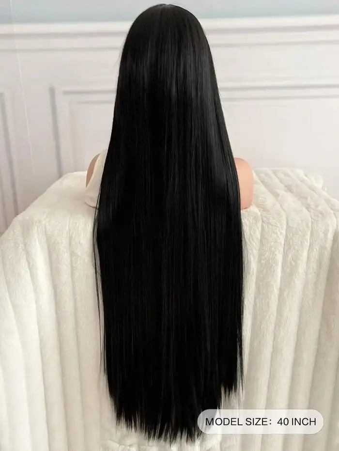 Perruque synthétique noire super longue de 40 pouces pour femme avec cheveux longs et raides sans frange au milieu convient à la partie d'Halloween