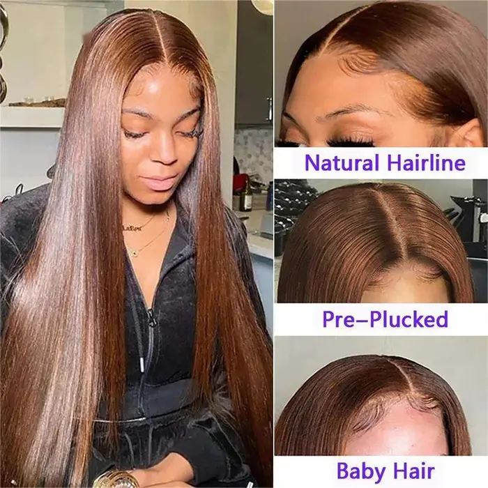 46 pouces # Perruque en cheveux humains brun chocolat, lisse, avec dentelle frontale HD 13x6, densit