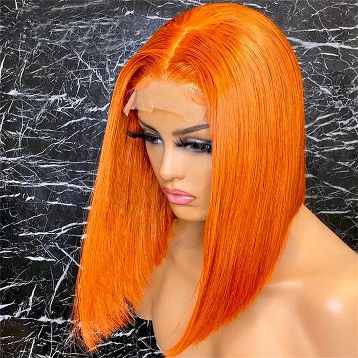 Perruque Bob Courte Sans Colle 613 Orange Gingembre, Perruque Frontale HD en Dentelle, Cheveux Humai