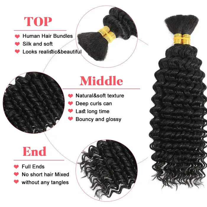 Cheveux humains en vrac pour tressage 2 paquets vague profonde Extensions de cheveux humains tressag