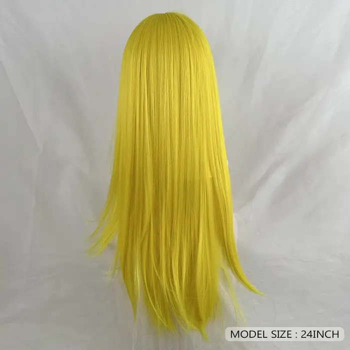 Perruques synthétiques longues et lisses en couches jaune citron avec frange pour femmes