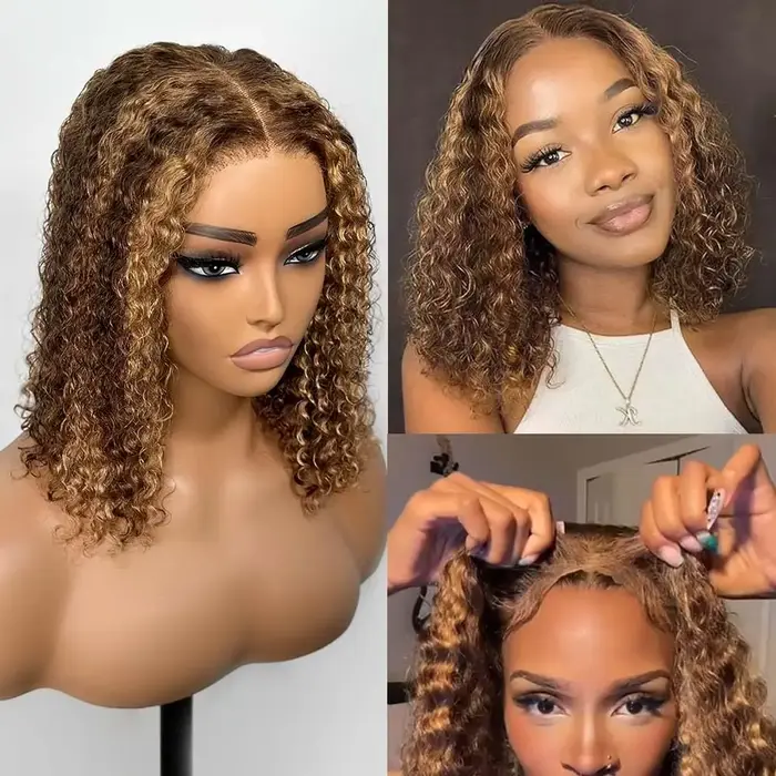 P4/27 mettre en évidence bouclés court Bob perruques cheveux humains 5x5 fermeture perruques brésili