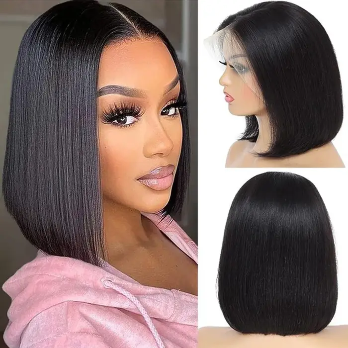 Perruque courte bob transparente HD bordeaux 99J en cheveux humains, avec mèches lisses brésiliennes, perruque frontale en dentelle 13x6x2 pré-épilée pour femmes