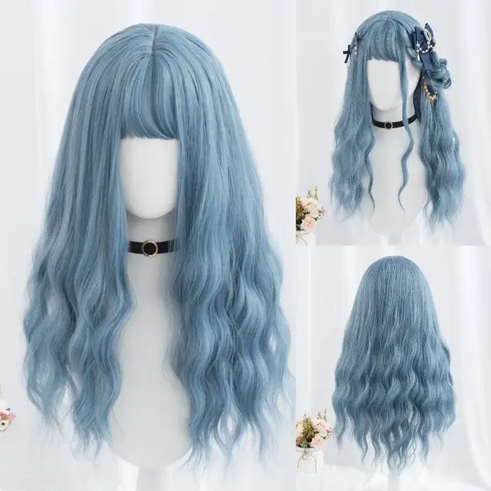 Perruque Synthétique Longue Ondulée avec Frange pour Femme, Violet, Vert, Noir, Bleu, Marron, Cospla
