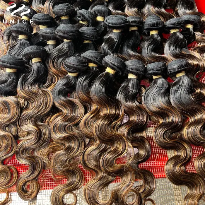 UNICE Hair-Mèches naturelles Body Wave, cheveux bruns, balayage, avec closure, partie libre, lace cl
