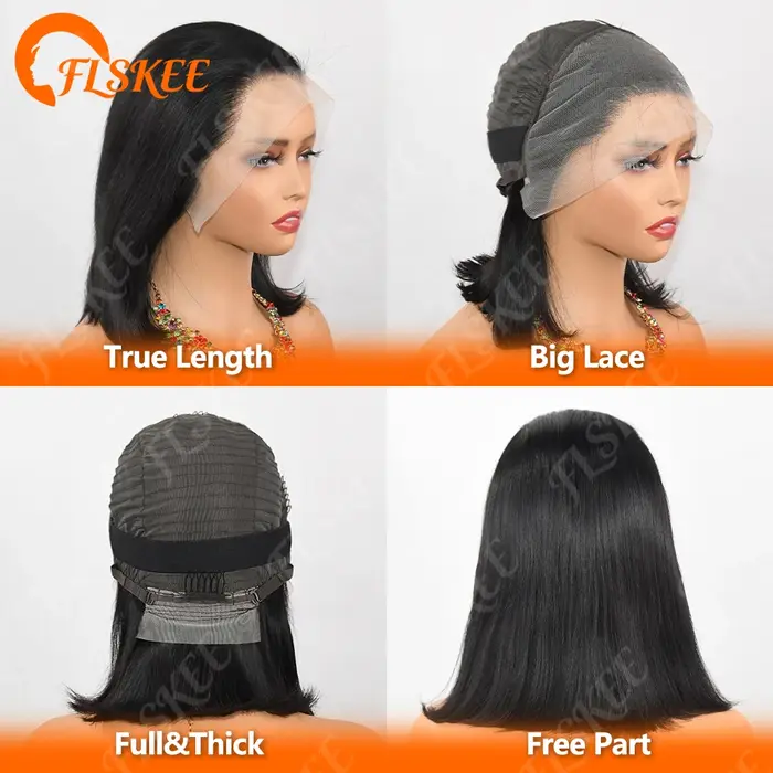 Perruque Bob Droite 13x6 en Cheveux Humains 200 Densité Perruque Frontale en Dentelle Transparente C