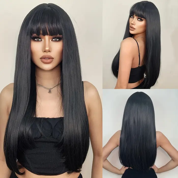 Perruque synthétique couleur vin rouge avec cheveux longs bouclés et frange pour un usage quotidien 
