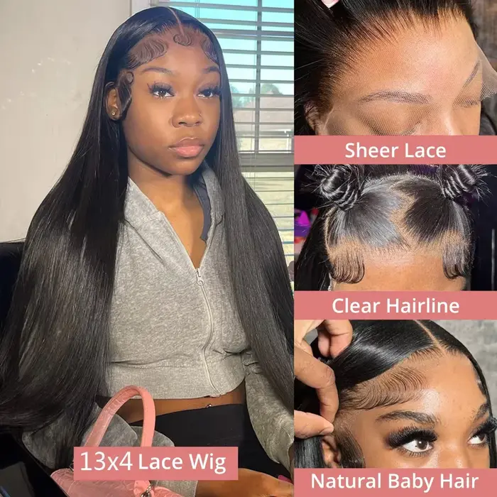 Perruques de cheveux humains brésiliens lisses et transparents de 30 à 32 pouces, densité 200, avec 