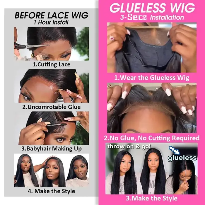 Perruques en cheveux humains lisses Yaki sans colle pour femmes, densité 180, pré-coupées, perruque 
