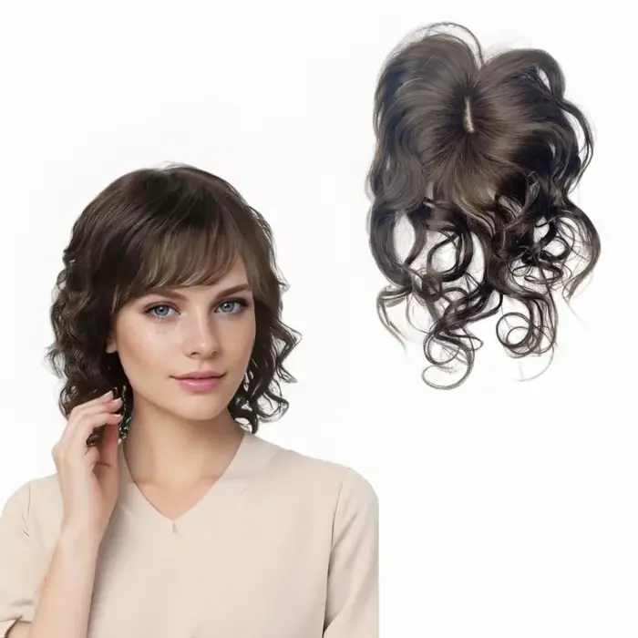 Postiche bouclée ondulée partie centrale cheveux humains Topper avec frange pince en vrais