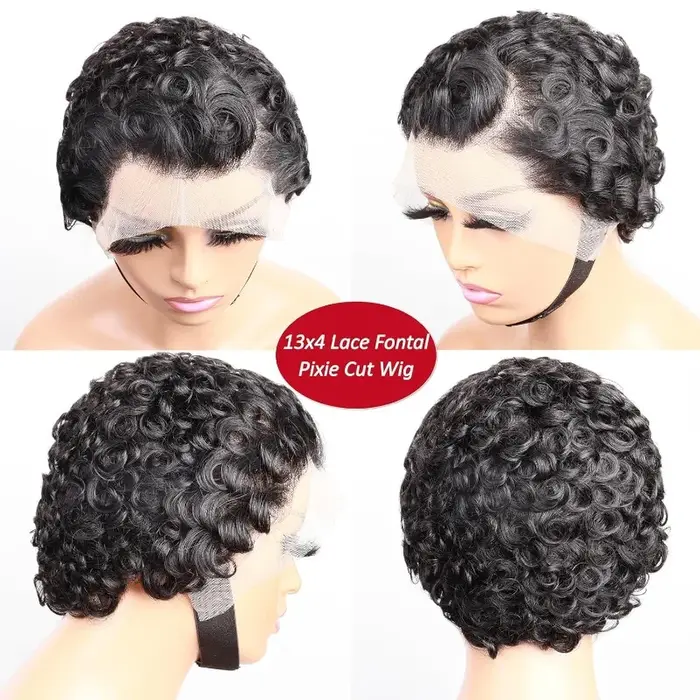 Perruque Lace Front Wig naturelle bouclée, coupe Pixie, 13x4, cheveux courts, sans colle, pre-plucke