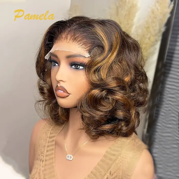 Perruque Bob Blonde 100% cheveux humains vague profonde lâche courte Ombre 4 27 couleur marron avant de lacet sans