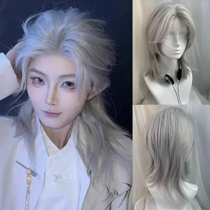 Lolita perruque synthétique front dentelle queue de loup cheveux courts bouclés argent gris superposition quotidien