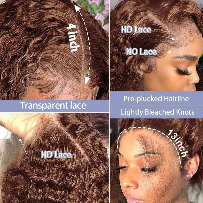 Perruque frontale en dentelle HD 13x6 en cheveux humains, brun chocolat, ondulations profondes, tran