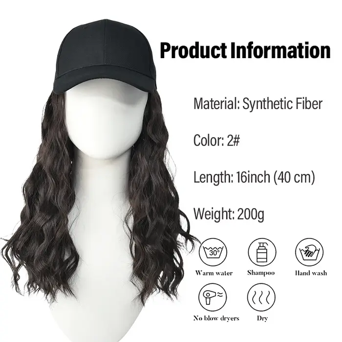 Casquette de baseball noire avec perruque en cheveux synthétiques ondulés