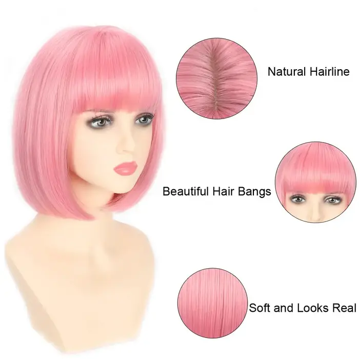 Perruque synthétique rose style bob pour Halloween