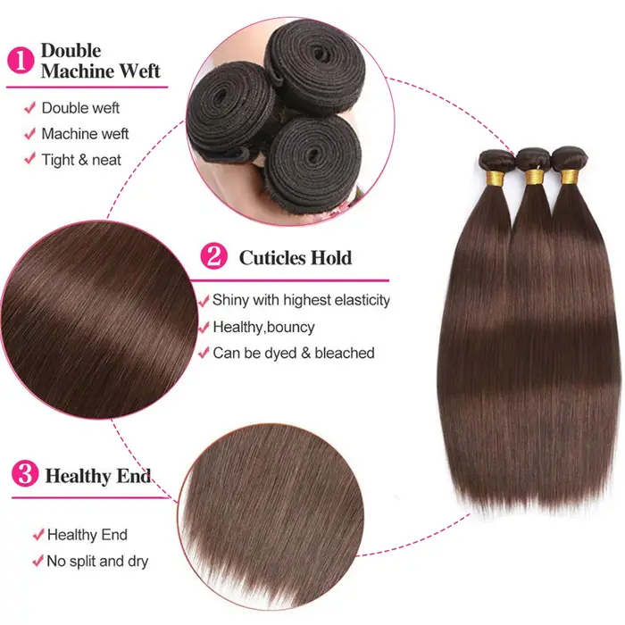 # Tissage en lot brésilien naturel lisse, 4 couleurs, brun chocolat, 13x4, Extensions de cheveux, lo