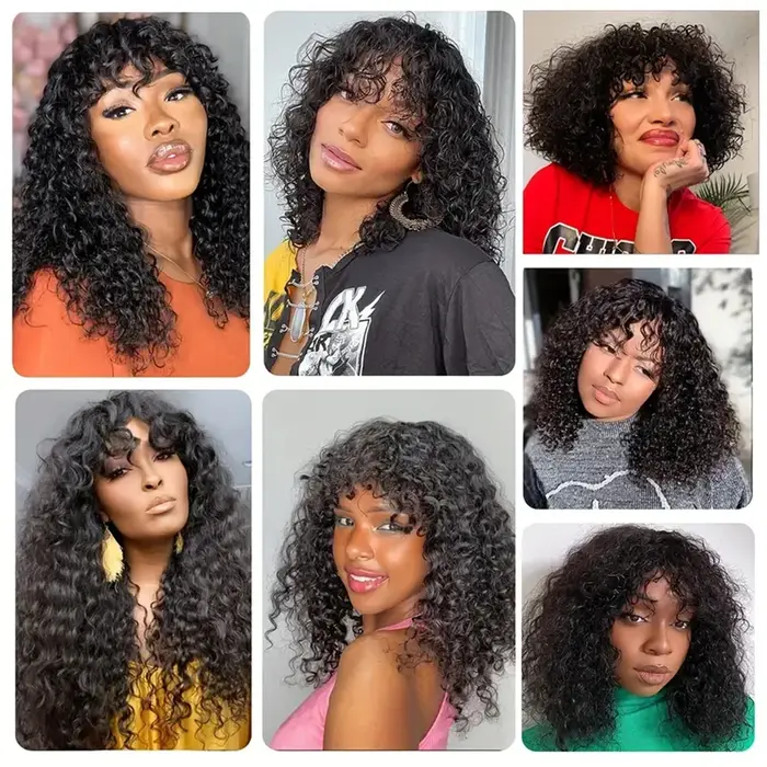 Perruque brésilienne en cheveux humains ondulés avec frange, qualité 15A, fabriquée à la machine pour femmes noires, perruques bouclées à ondulations profondes à prix réduit en promotion